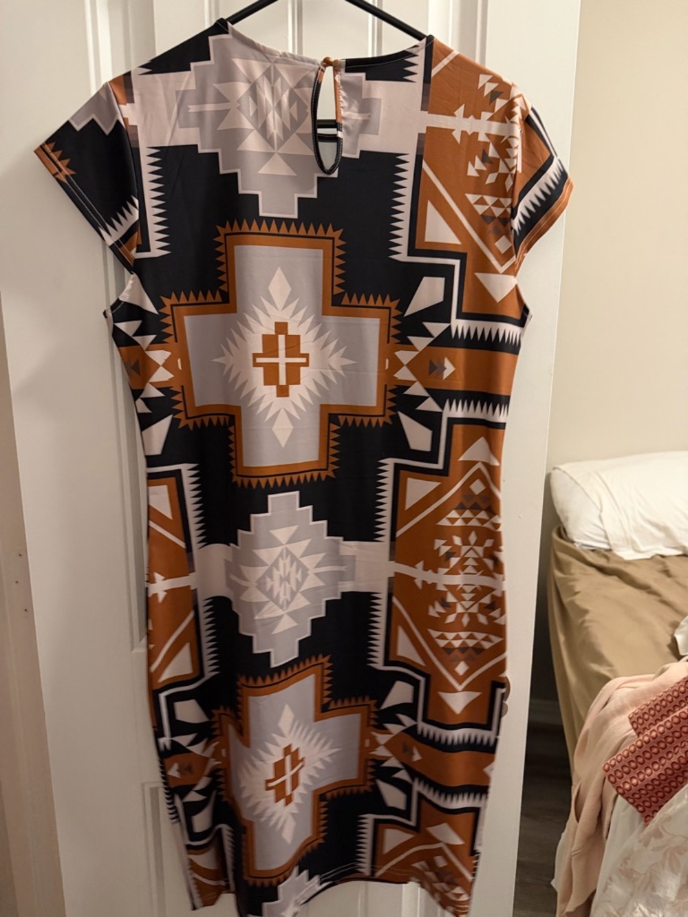 Aztec-Print Mini Dress in Brown, Black & Cream